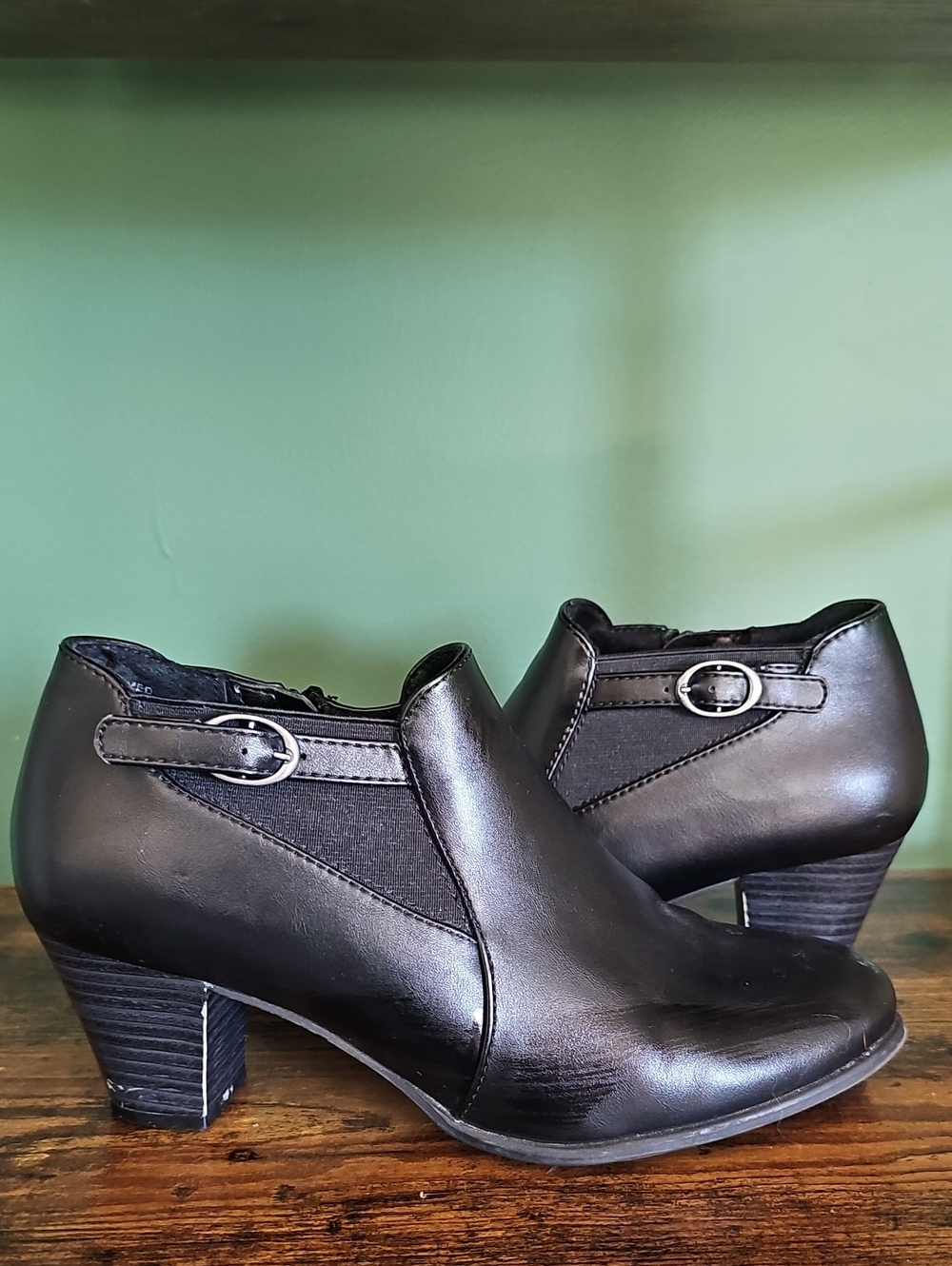 Women's Black Leather Ankle Heels with Buckle Detail